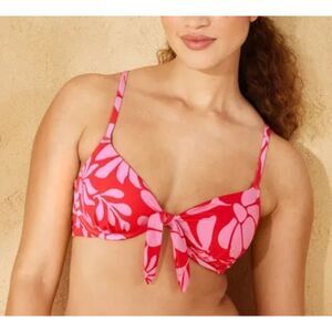 Shade & Shore Women's Tie-Front Underwire Bikini Top- Red Floral Print 36B